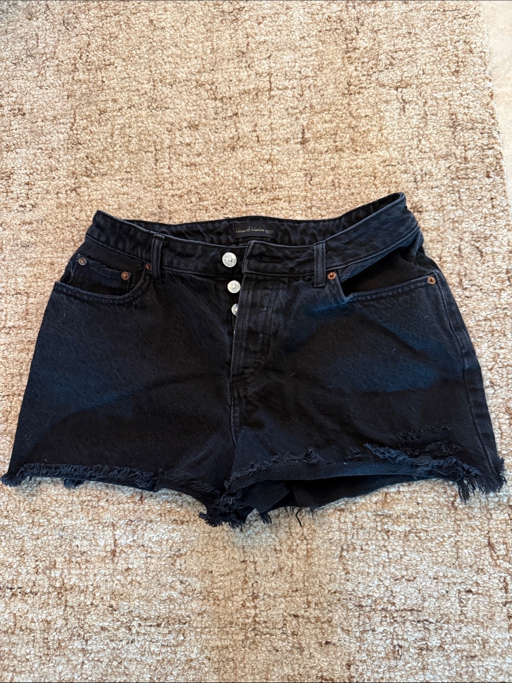 House of Harlow 1960 Black Distressed High-Rise Denim Shorts